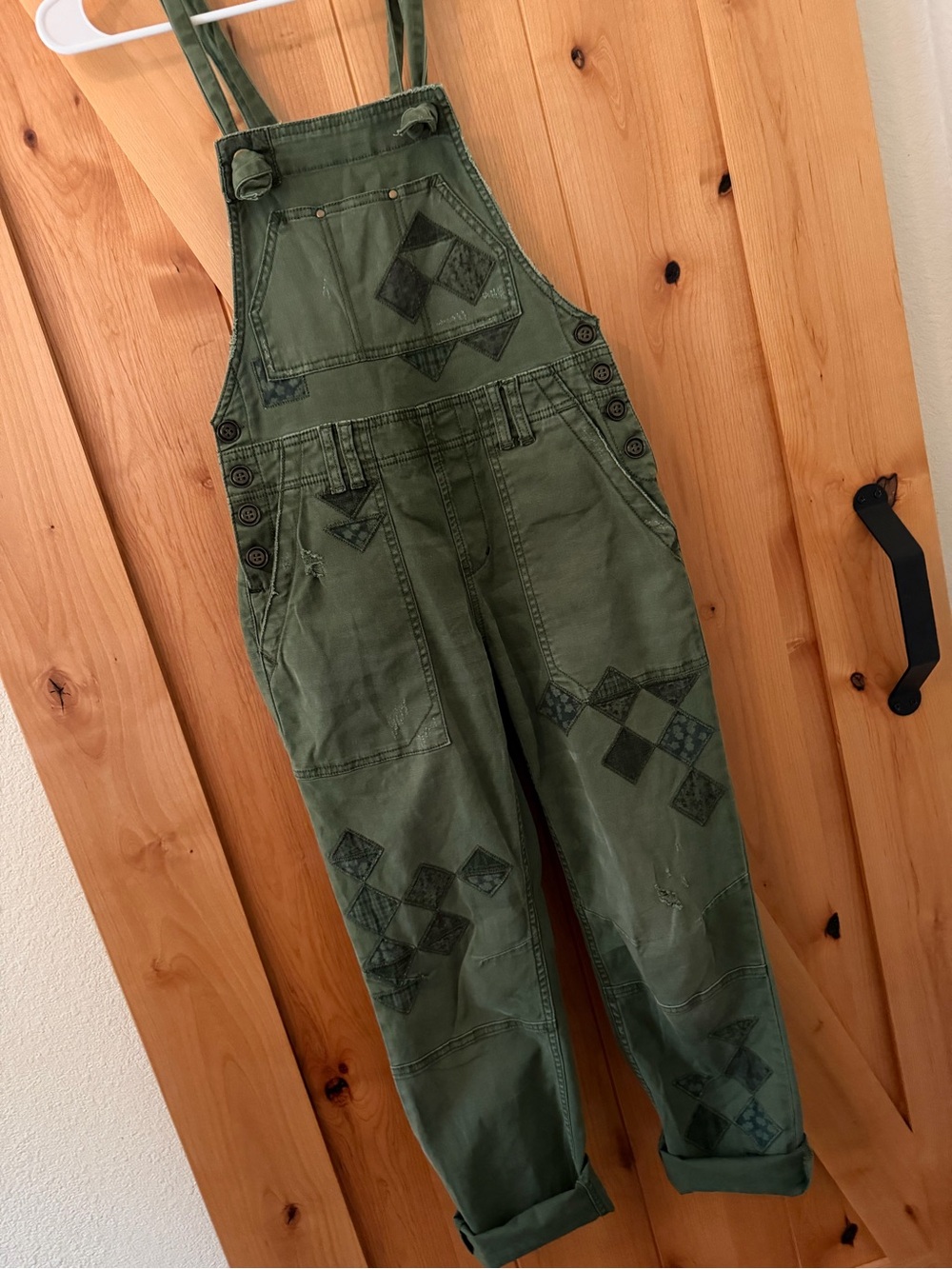 Pilcro Wanderer Patchwork Overalls Green Utility Bib Size 25 Anthropologie Boho - Picture 6 of 16